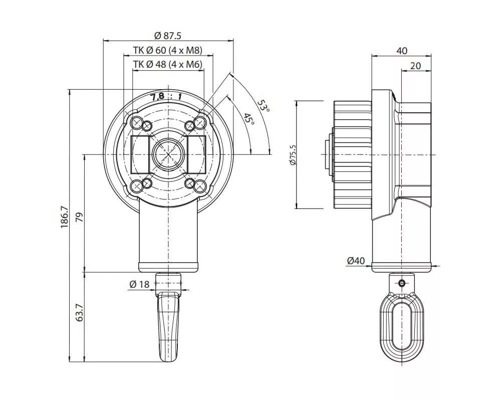 Geiger Kegelradgetriebe 7,8:1 für Tuchwelle 78 mm
