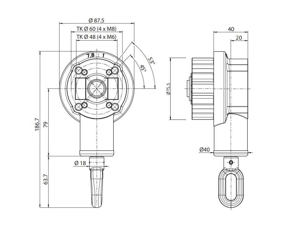 Geiger Kegelradgetriebe 3:1 für Tuchwelle 85 mm